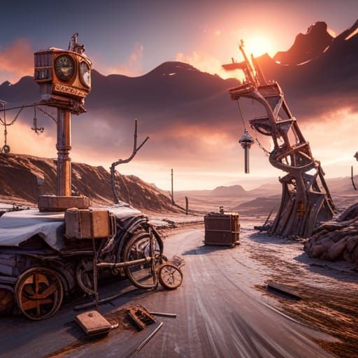 Post-Apocalyptic Road Sign with Steampunk Machines