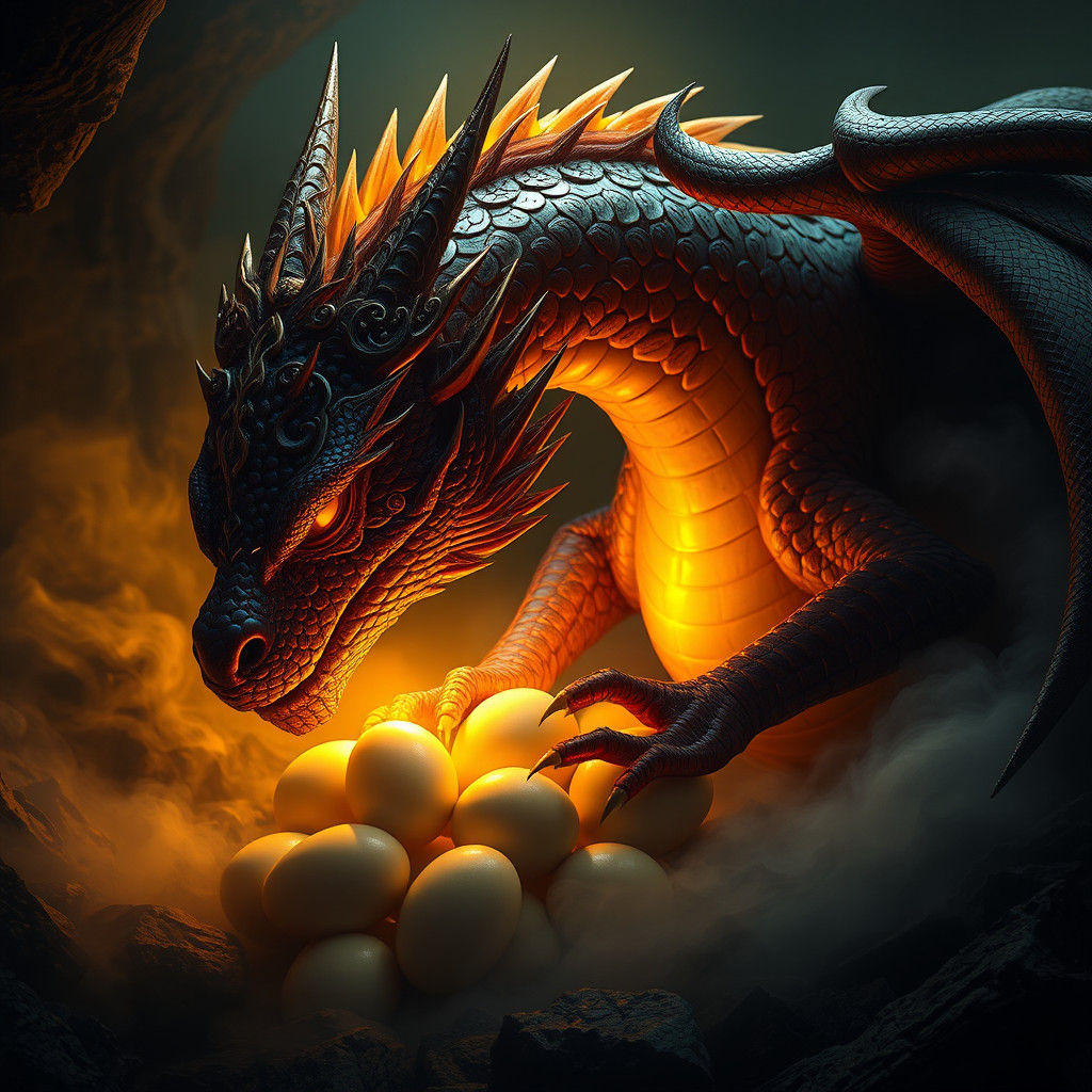 Dragon Mother Protecting Eggs in Lair