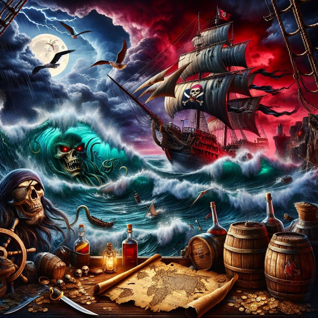 Pirate Ship Battles Stormy Seas Beneath a Blood-Red Sky