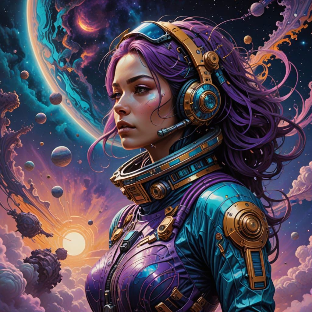 Dreamy Astronaut in Celestial Galaxy - Cyberpunk Synesthetic...