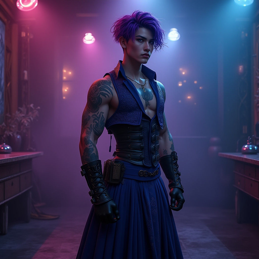 Mystical Tattooed Nonbinary Man in Gothic Club