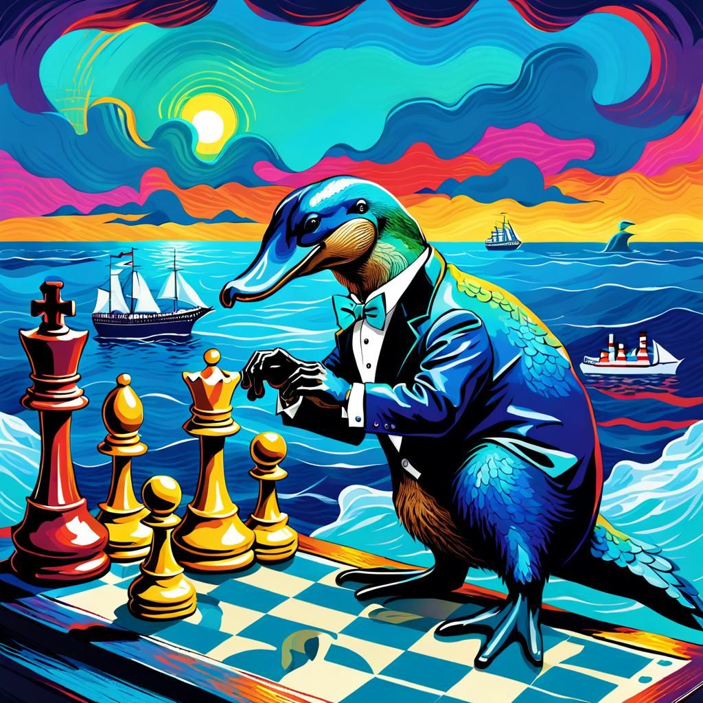 Platypus and Peacock Chess Game in Van Gogh Pop Art