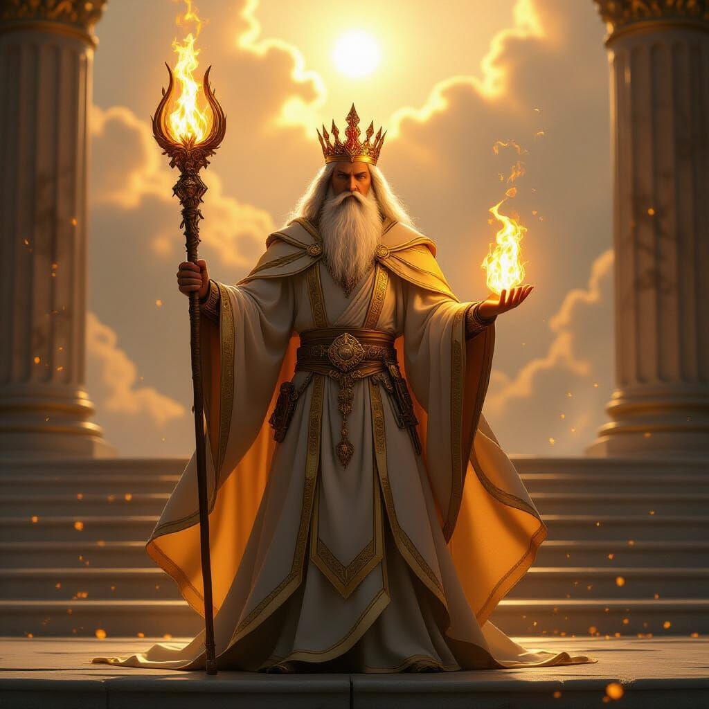 Elarion, Keeper of the Eternal Flame, in Golden Robes