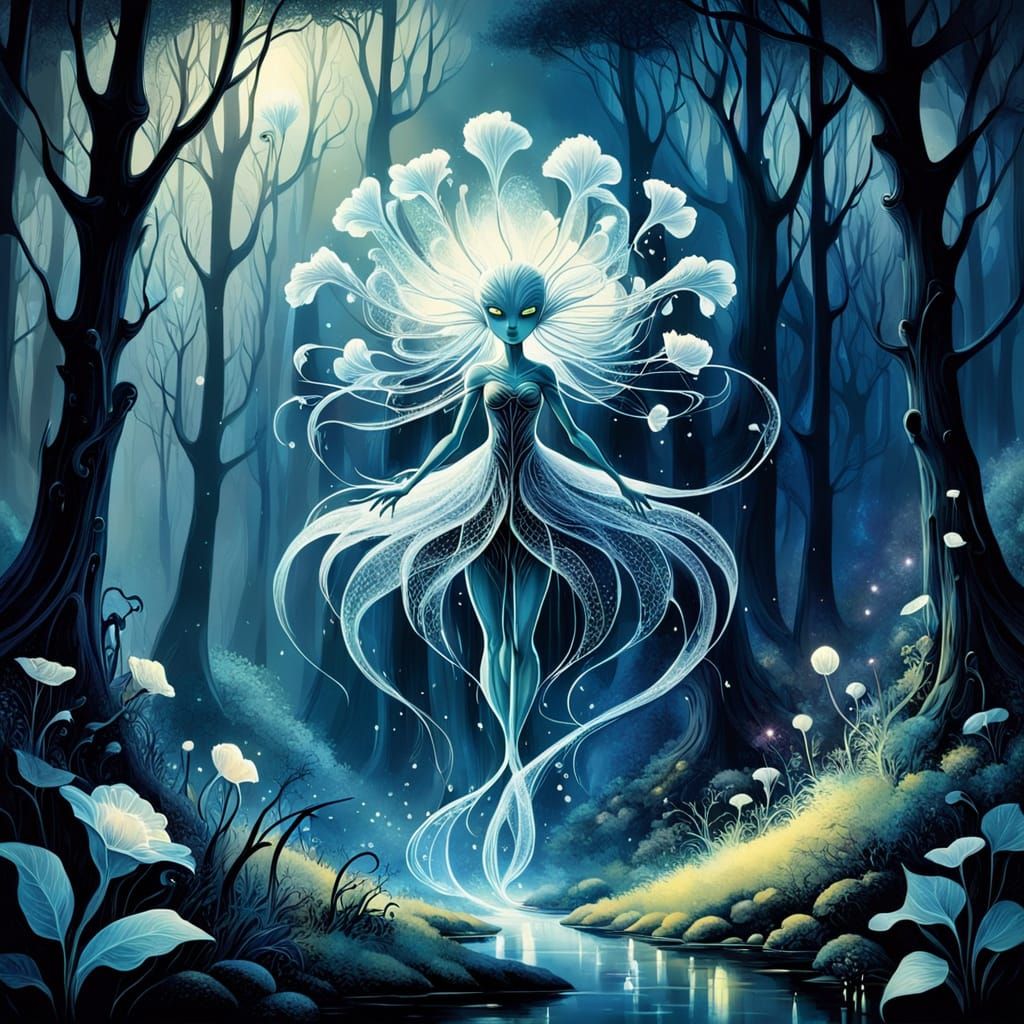 Bioluminescent Alien Fairy in Mystical Silver Forest