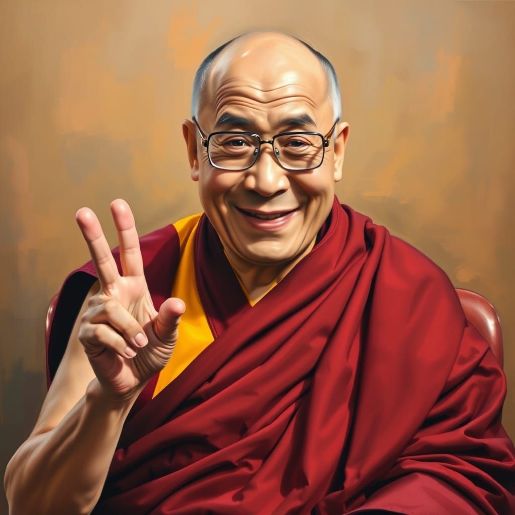 Dalai Lama Portrait with Peace Sign in Animation Style