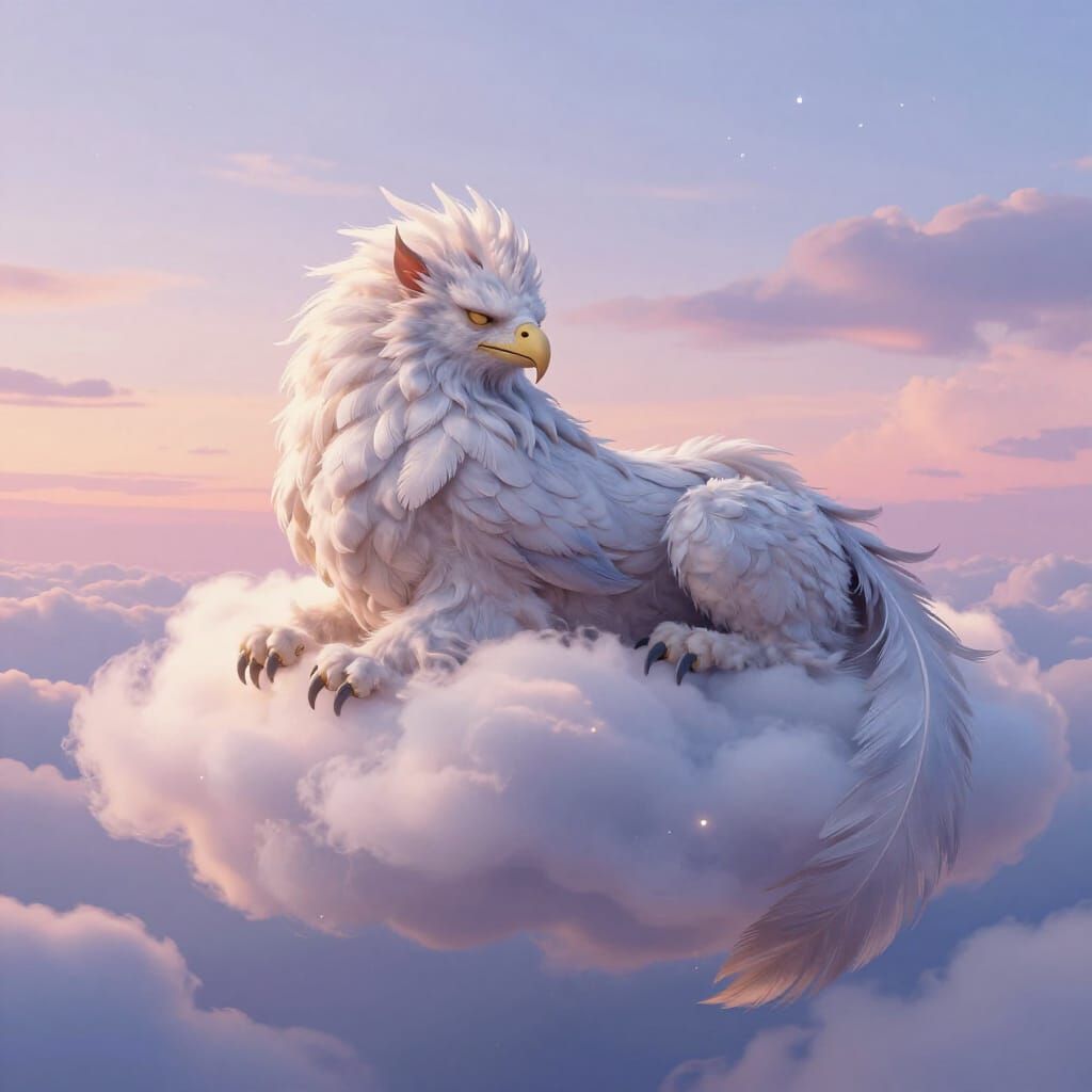 Majestic Griffin Rests on Feather Cloud Under Pastel Skies