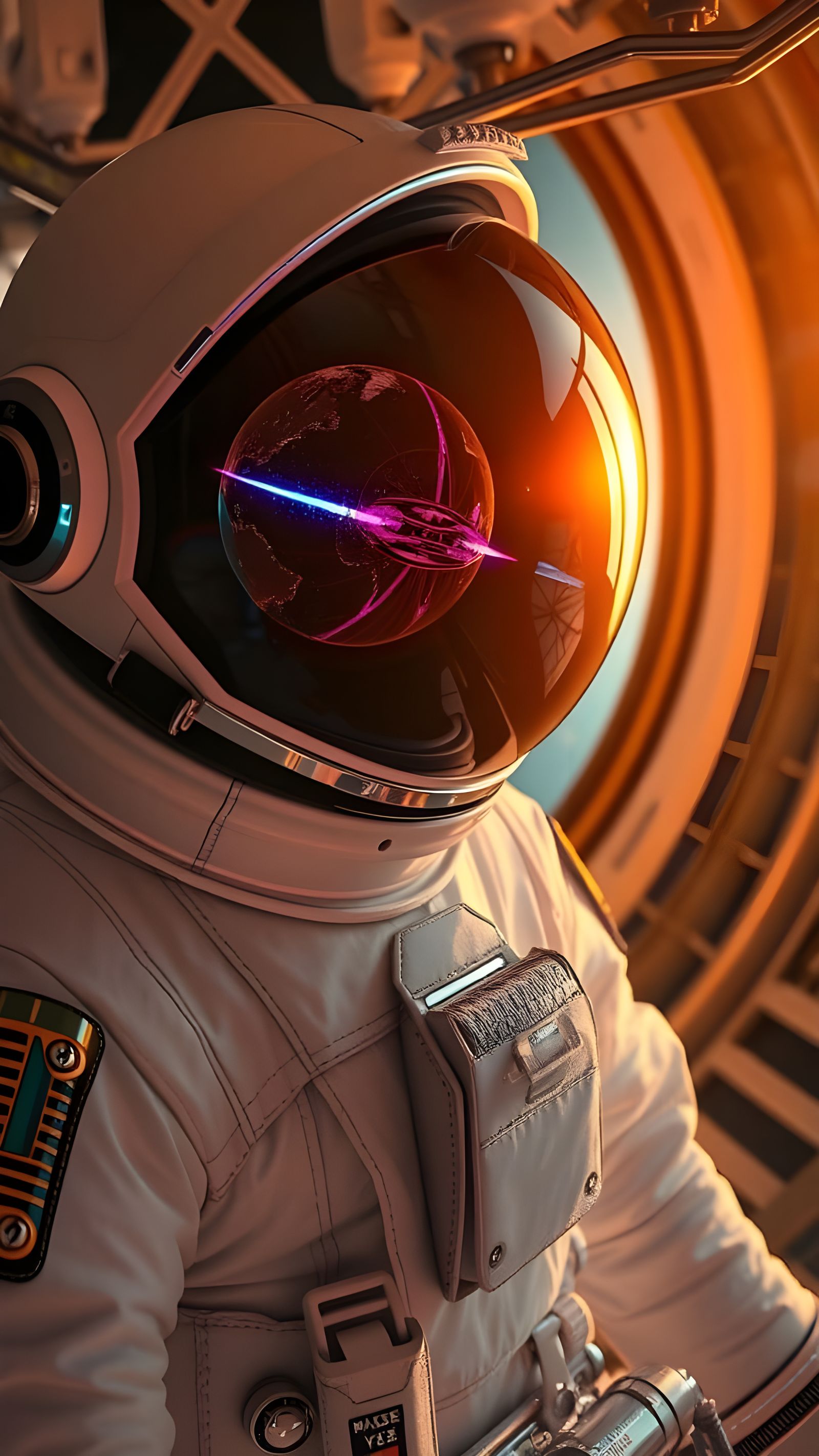 Sleek Astronaut in Cosmic Spacesuit with Iridescent UFO