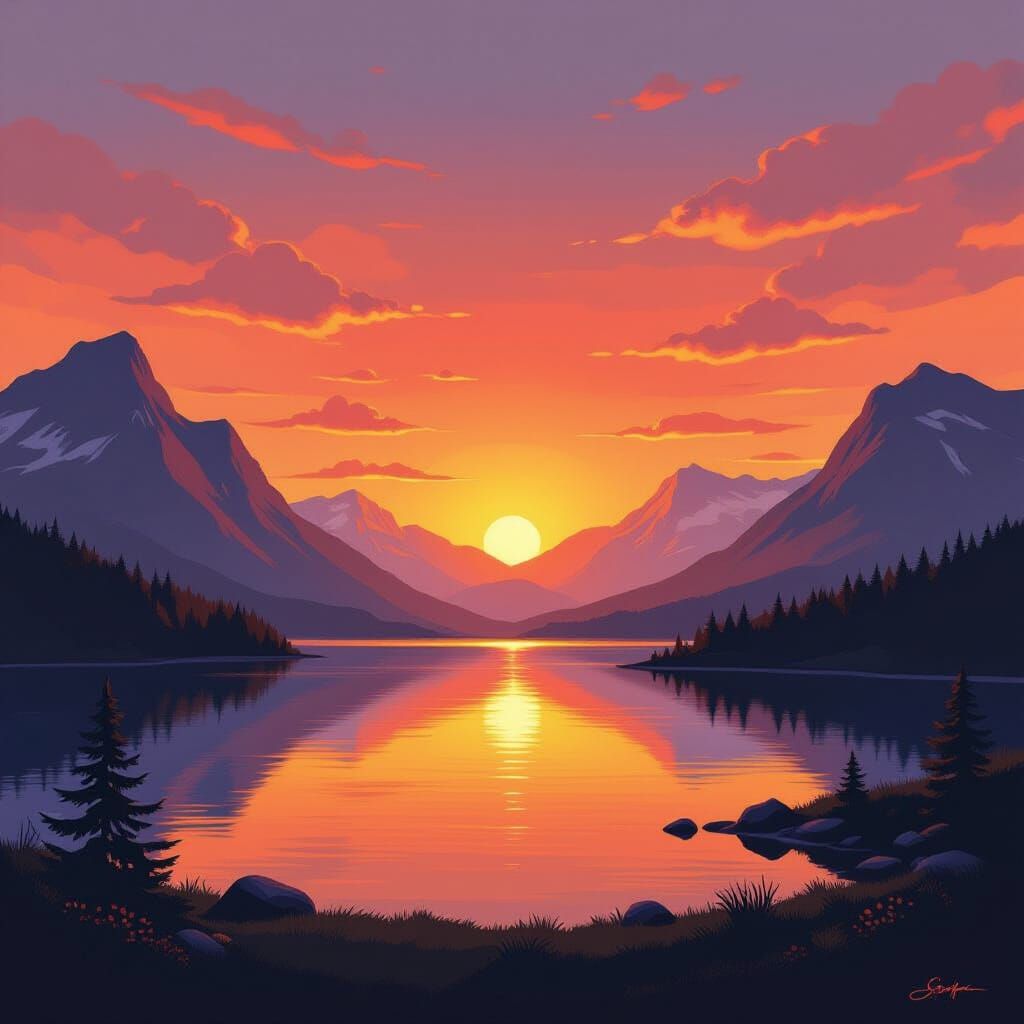 Tranquil Sunset Landscape in Dreamy Art Style