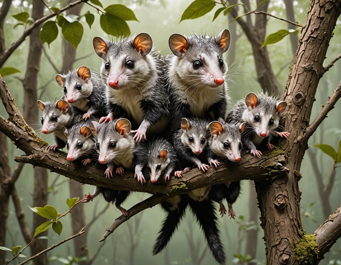 Mother Opossum Balancing with Babies on Back