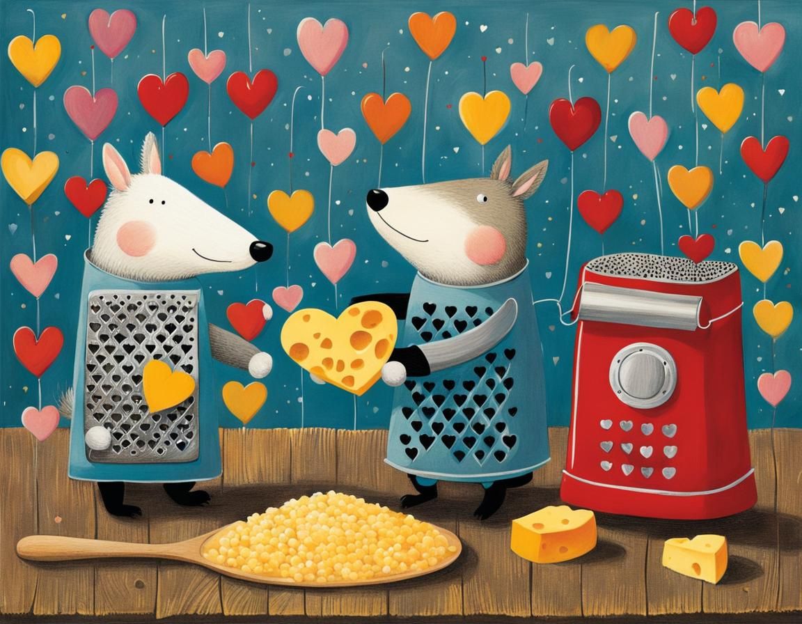 Whimsical Cheese Grater Illustration with Hearts