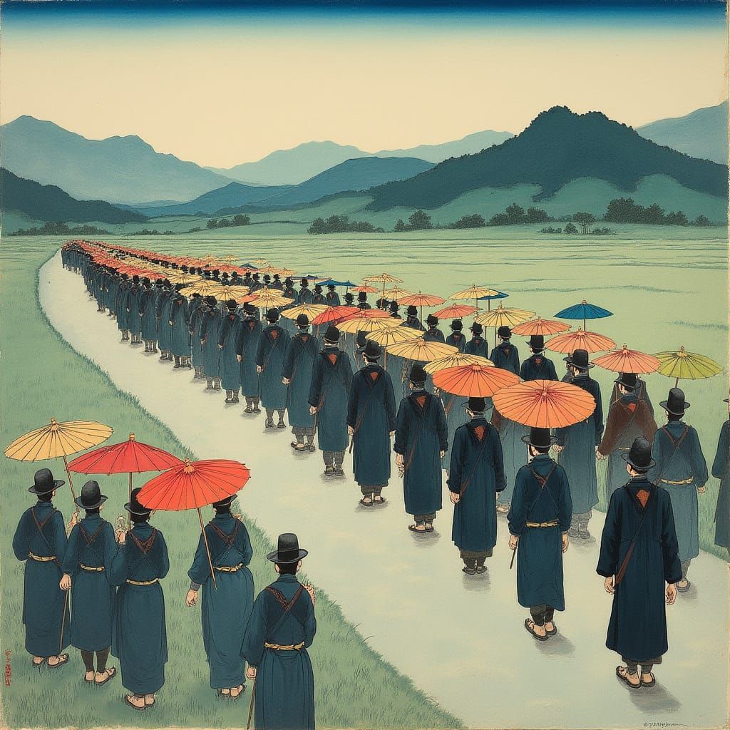 Traditional Japanese Funeral Procession in Vibrant Ukiyo-e S...
