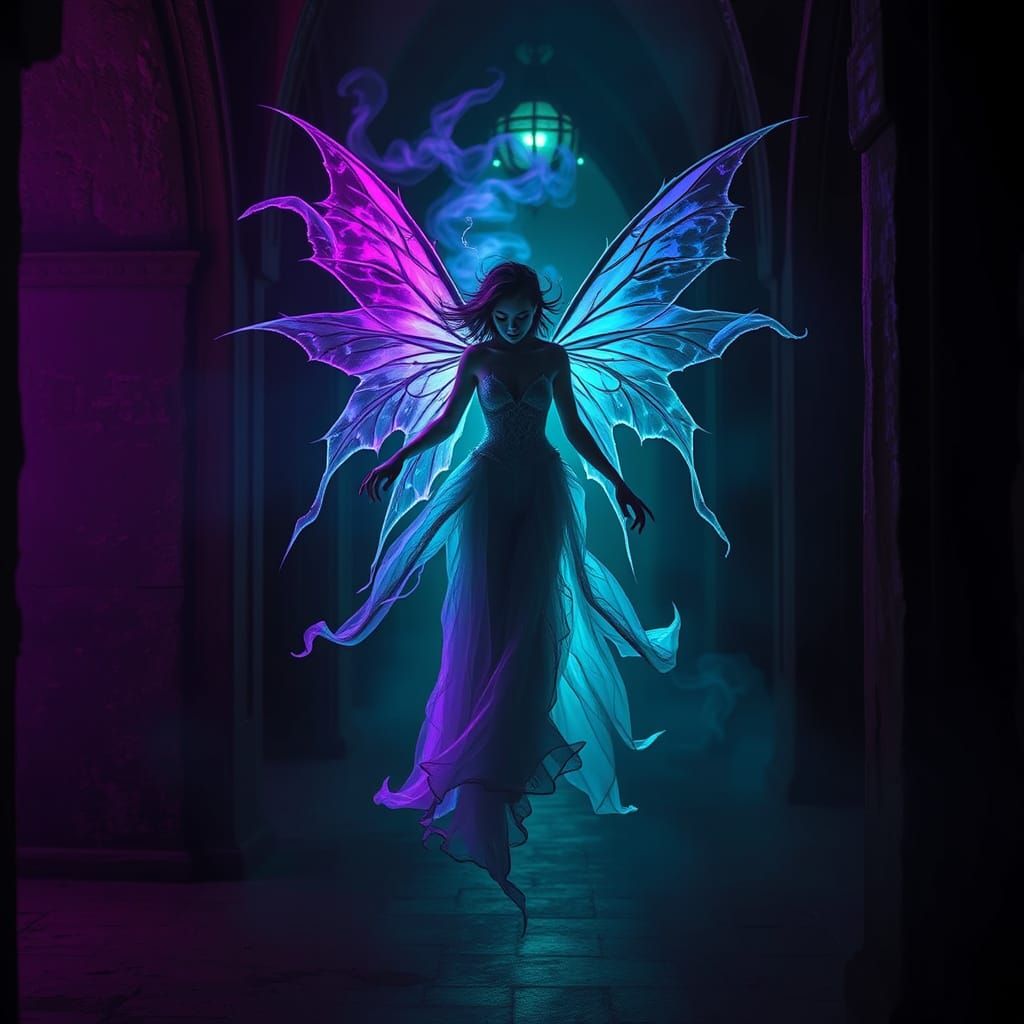 Ghostly Fairy Haunts Dark Castle Corridors in Neon Aesthetic