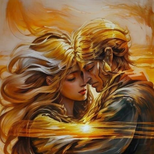 Man and Woman Embrace in Warm Oil Painting Style