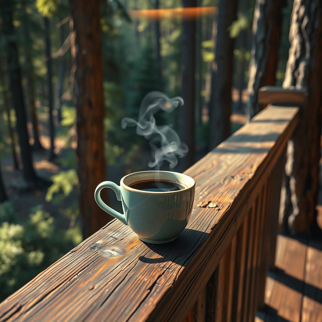 Steaming Coffee on Weathered Deck Rail in Vibrant Forest