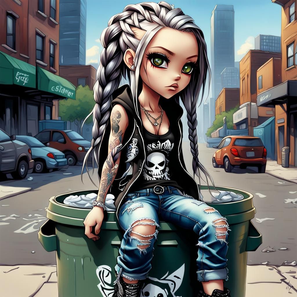 Chibi Punk Girl on Trash Can, Oil Painting