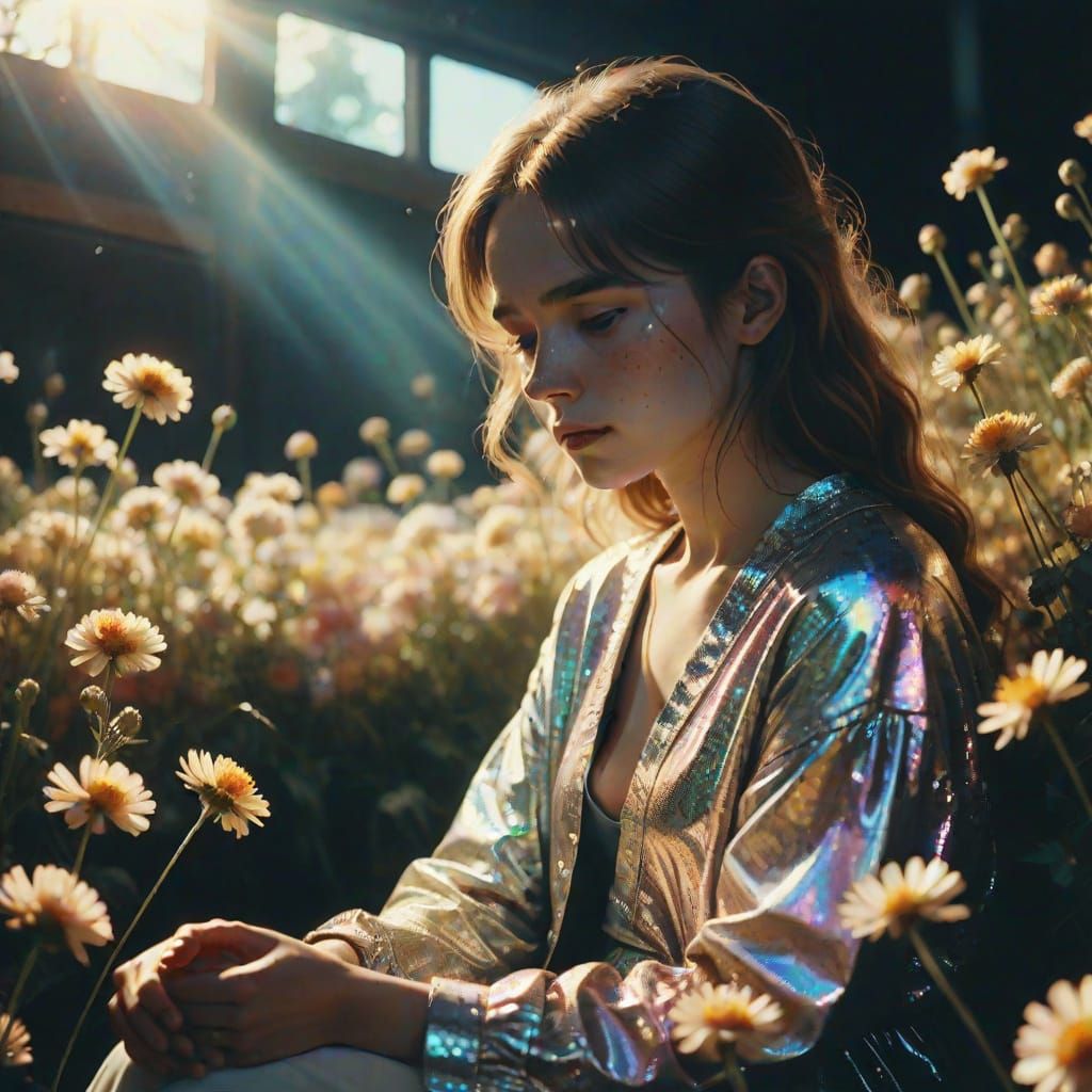 Somber Woman Surrounded by Fading Blooms in Cinematic 35mm S...