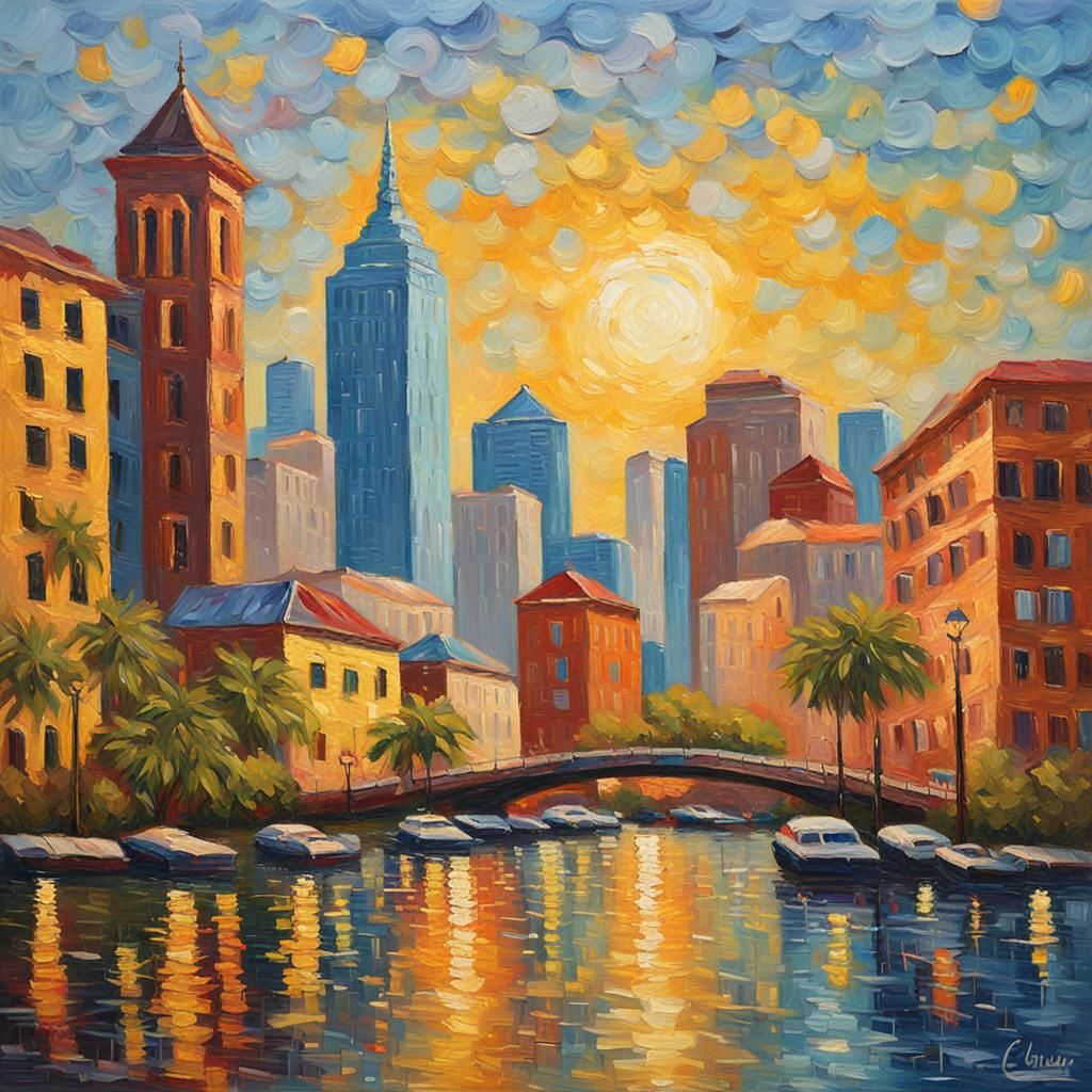 Tampa Florida Cityscape in Neo-Impressionist Style