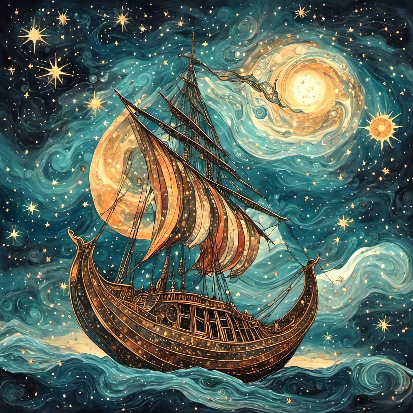 Viking Ship Sailing Through Starry Sky