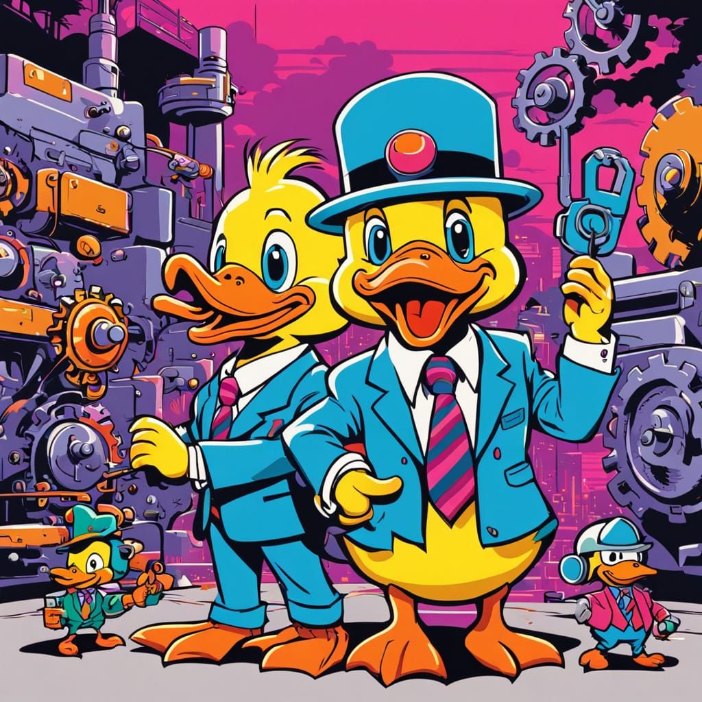 Anthropomorphic Duck Boss and Puppy Worker, 80s Cartoon Styl...