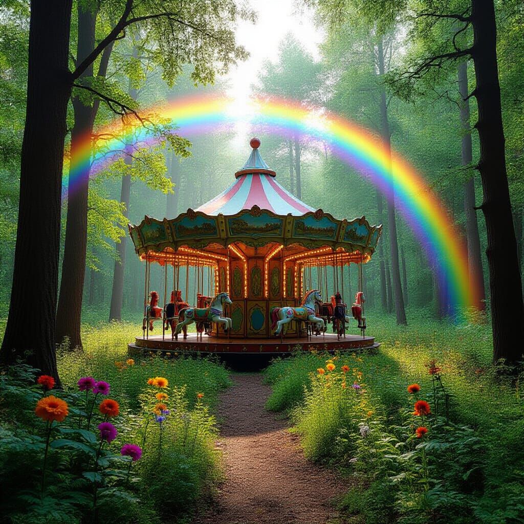 Fairytale Forest with Rainbow Over Abandoned Carousel