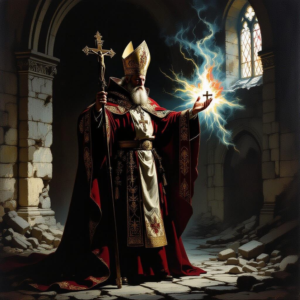 Bishop Exorcising Demon in Ruined Castle