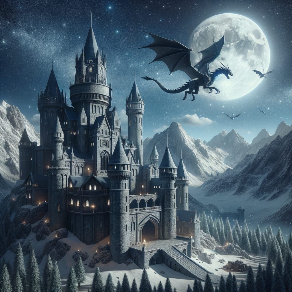 Majestic Medieval Castle Under Starry Sky with Dragon Rider
