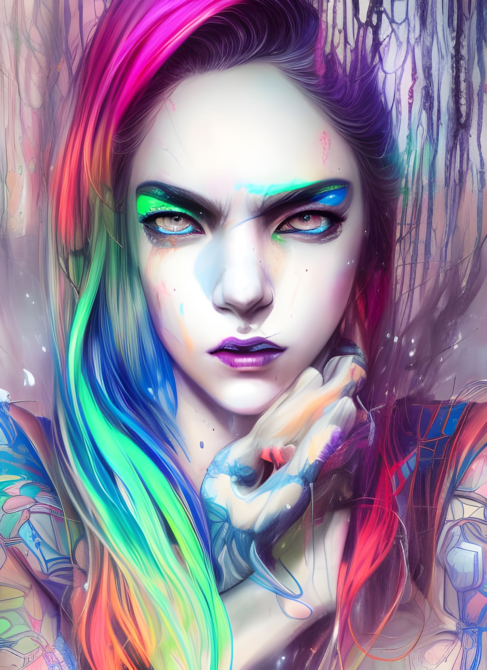 Cyberpunk Goddess with Rainbow Hair, Digital Art