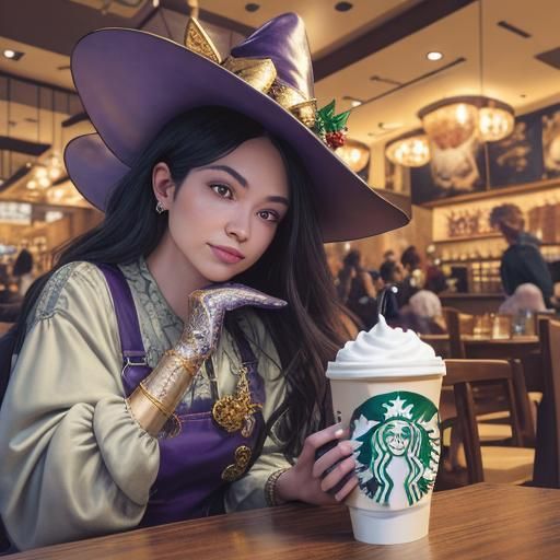 Cartoon Witch Baby in Starbucks Cup, Fantasy Art