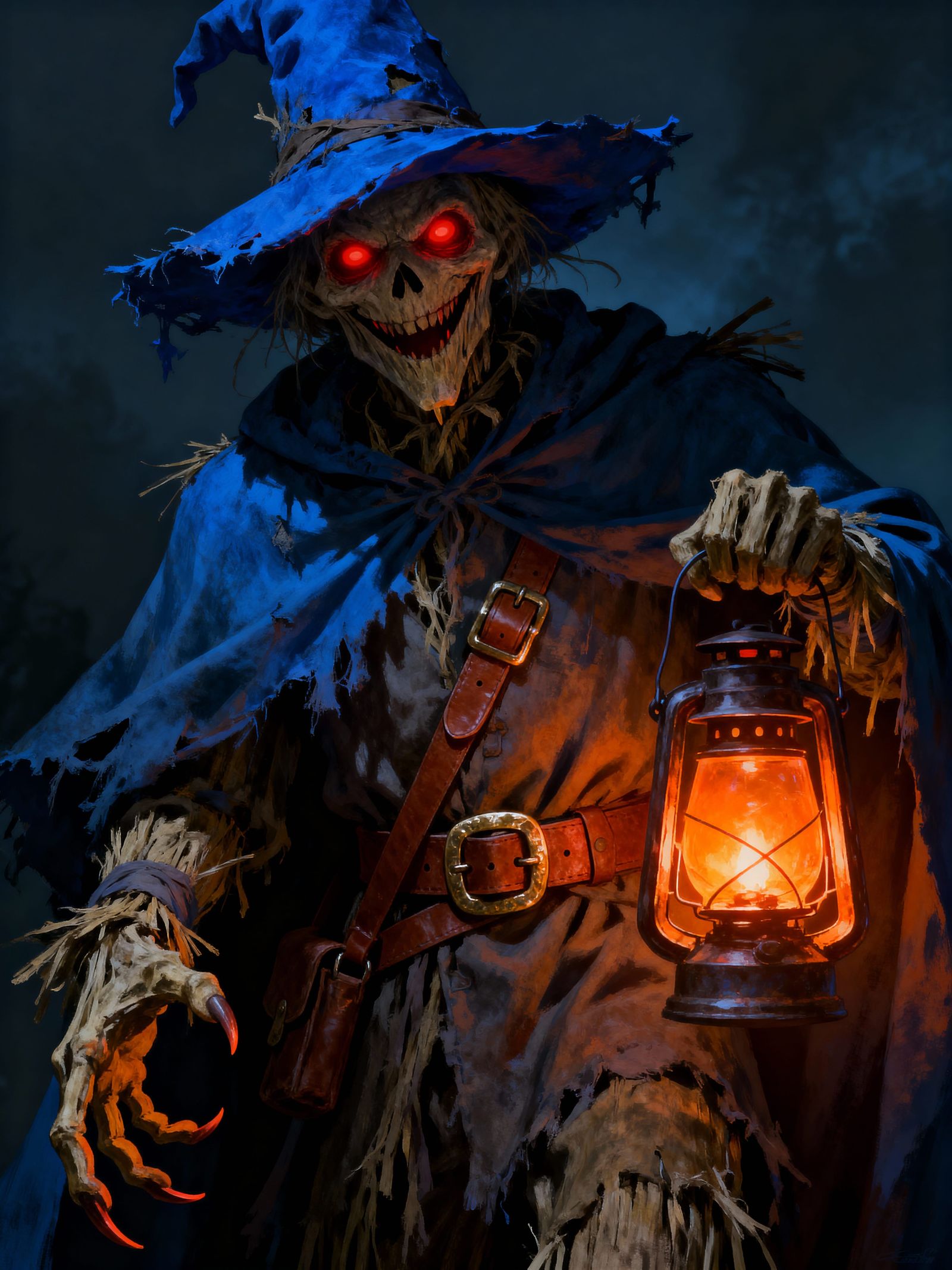 Menacing Scarecrow Character with Glowing Eyes and Lantern