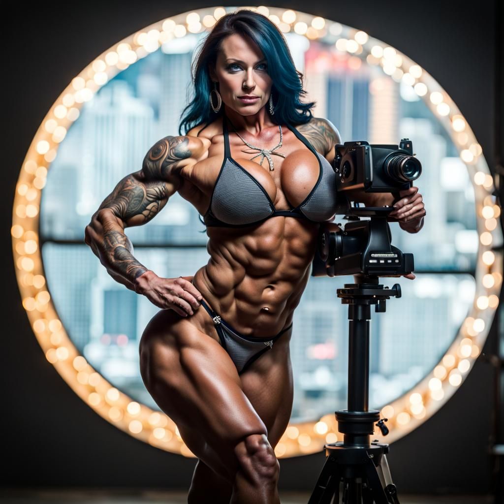 Female Bodybuilder with Camera in Professional Photo