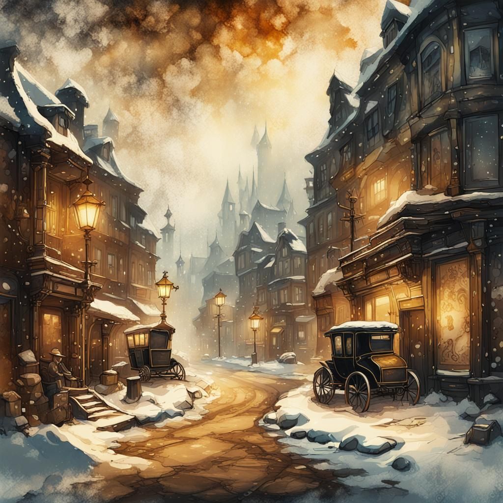 Steampunk Snow Scene in Ink Painting Style