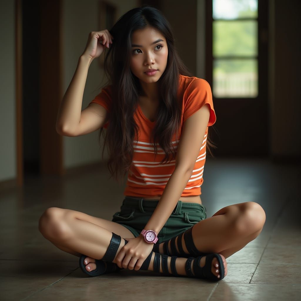 Filipina Woman in Delicate Pose with Black Sandals and Orang...