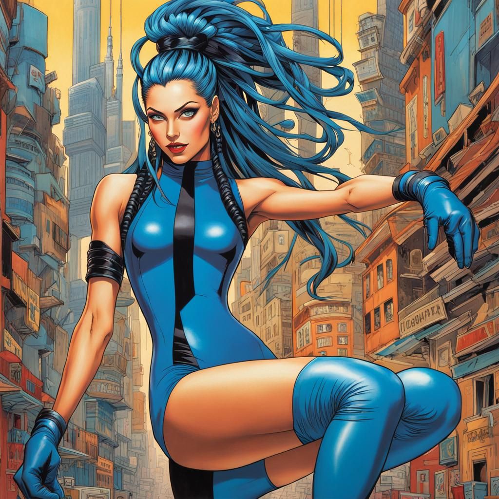 Retro-Futuristic Woman with Blue Hair in Comic Style
