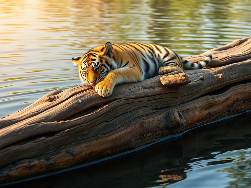 Serene Tiger Cub on Gnarled Log Drifting Down Tranquil River