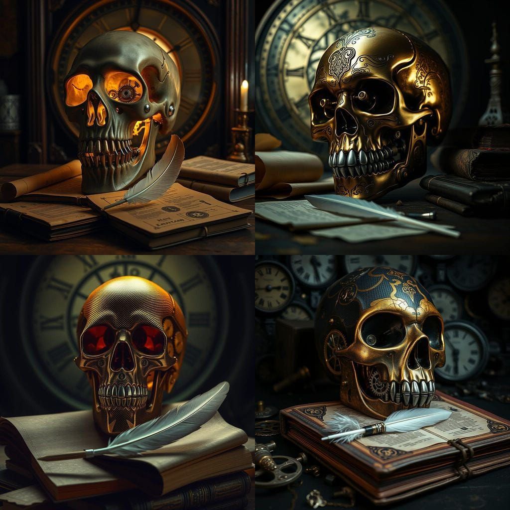 Cyberpunk Skull in Earth Tones, Mechanical Jaw and Clockwork...