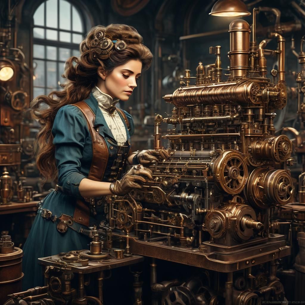Steampunk Woman Working on V8 Engine