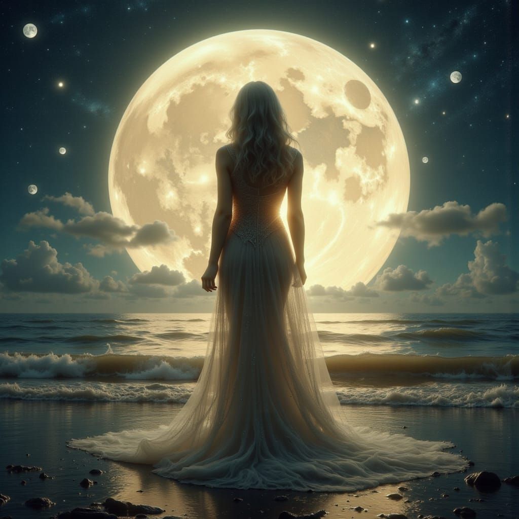 Dreamy Woman on Moonlit Beach, Painterly Style