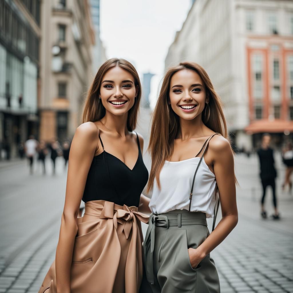 Two  beautiful girls smiling and roaming a modern city