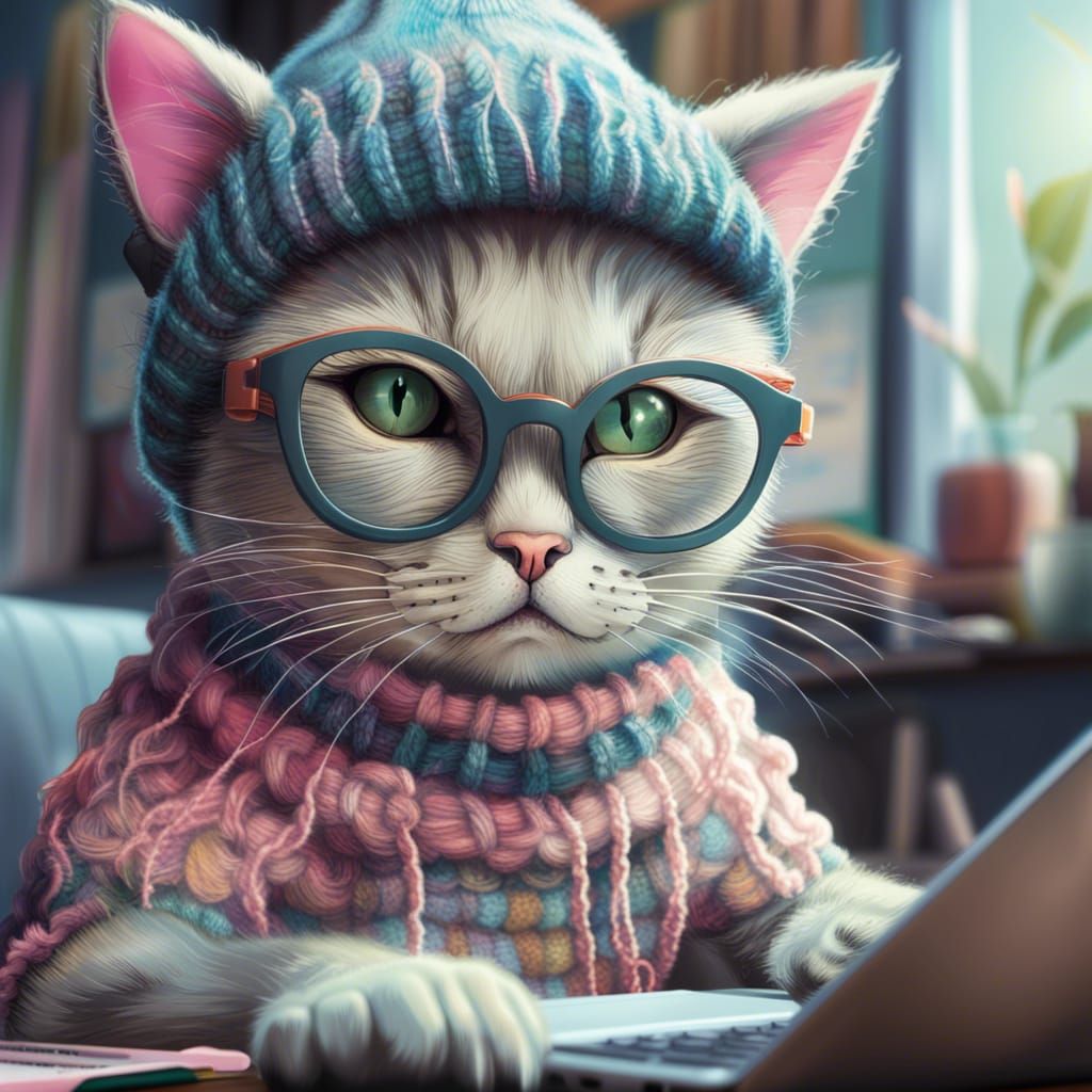 Hipster Cat Portrait with Sweater and Laptop