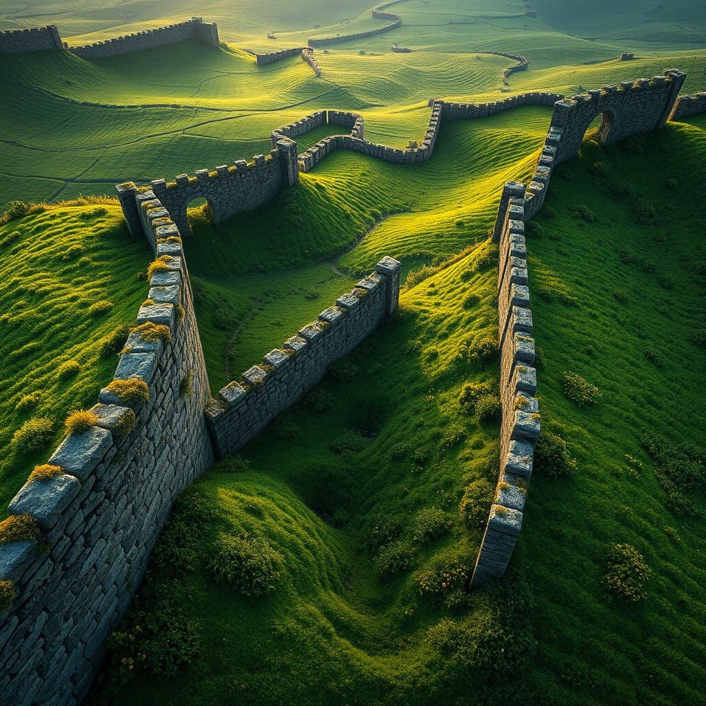 Rustic Stone Walls Envelop Emerald Fields in Whimsical Fanta...