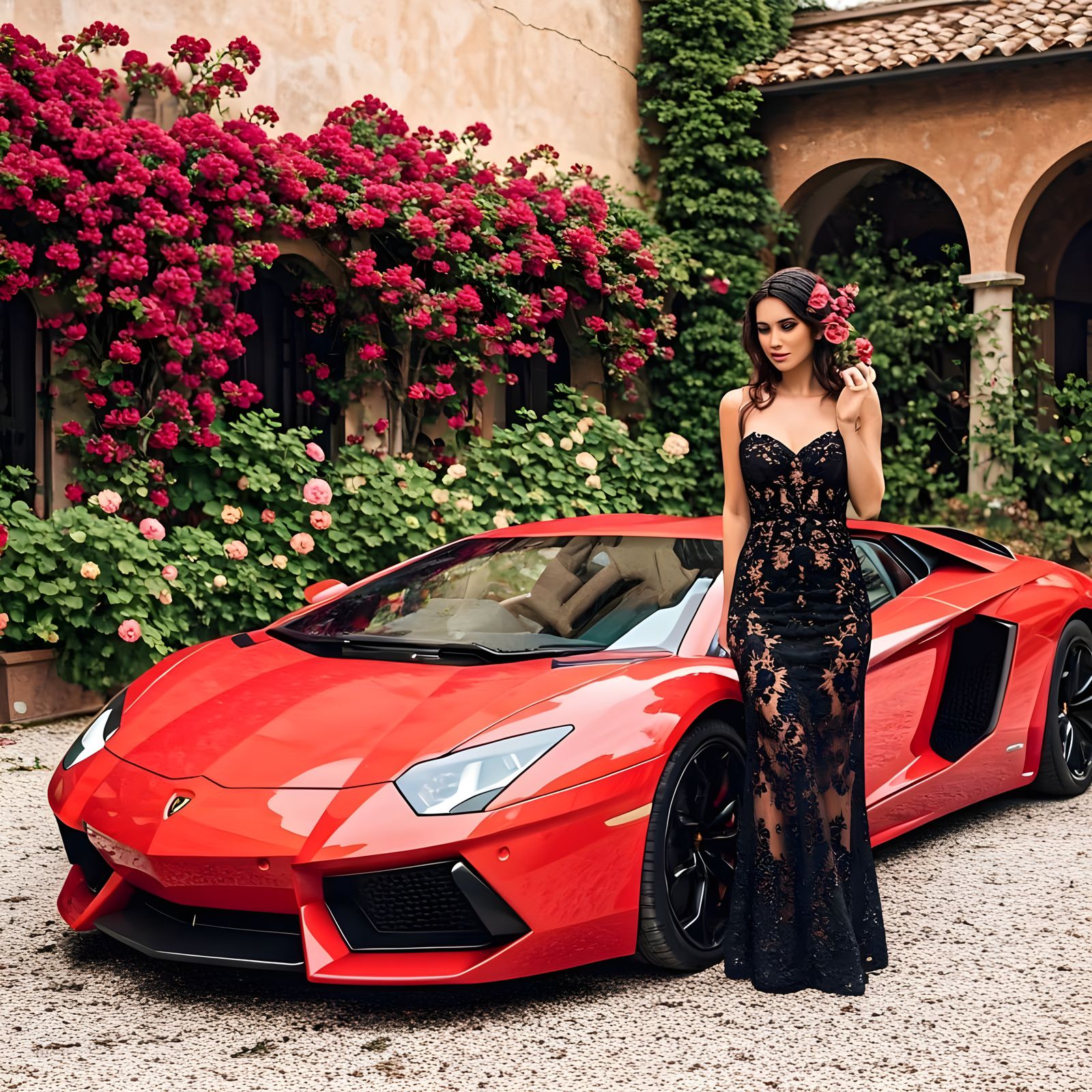 Red Lamborghini in Italian Courtyard with Woman