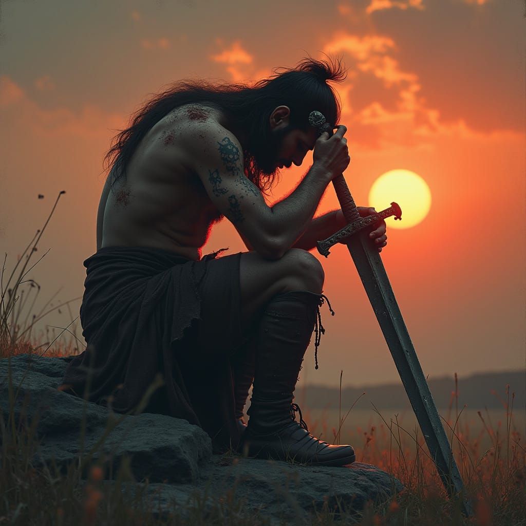 Defeated Warrior in Dark Fantasy Landscape