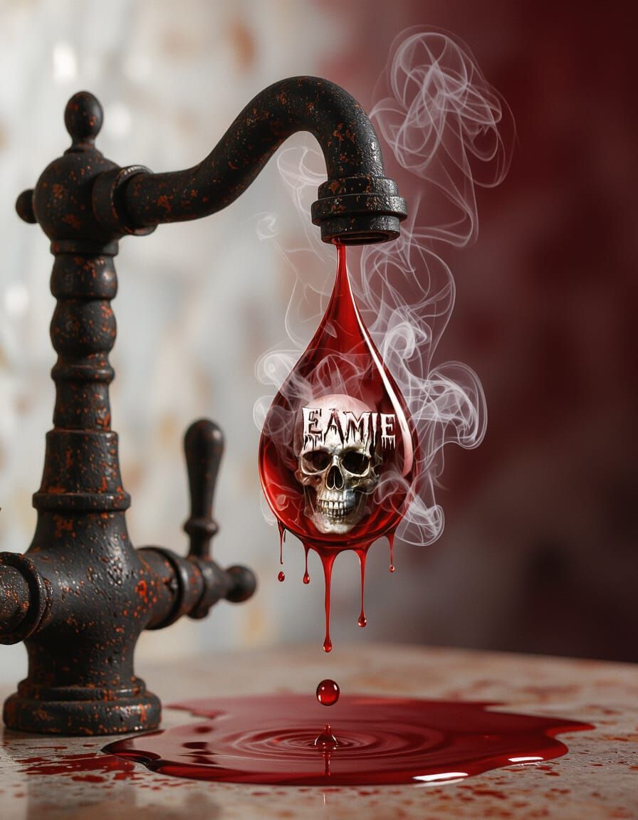 Ornate Faucet with Skull in Water Droplet