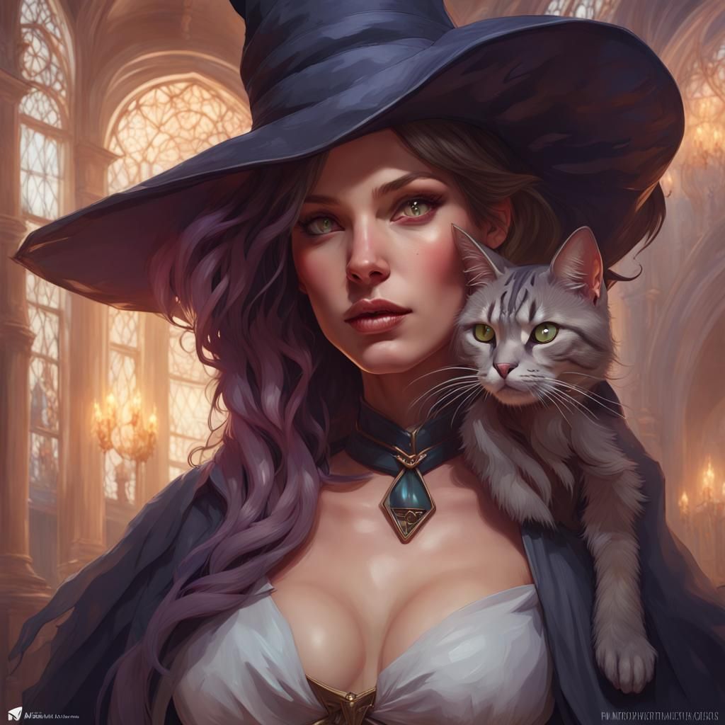 Elegant Witch and Cat Portrait in Digital Art Style