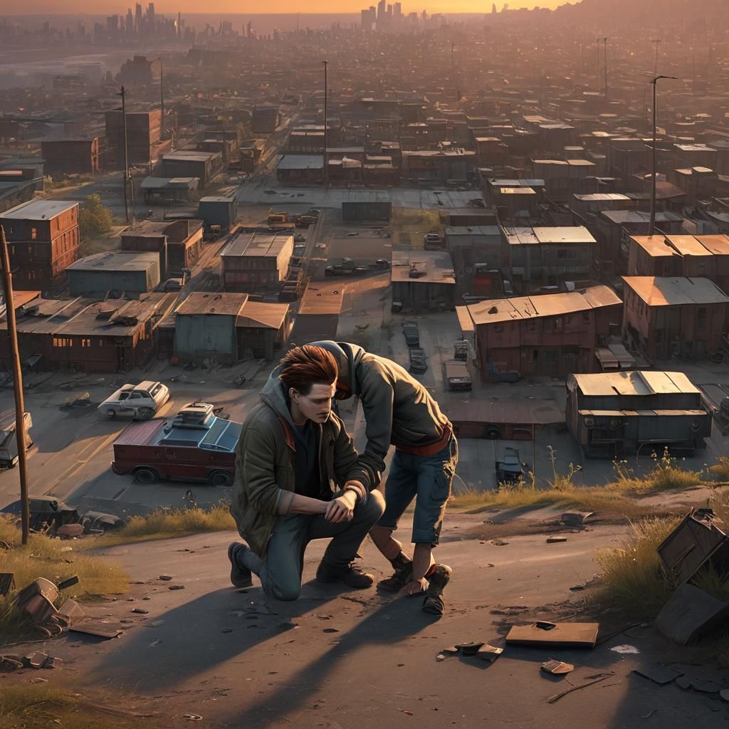 Man Protects Boy in Mystical Post-Apocalyptic Cityscape