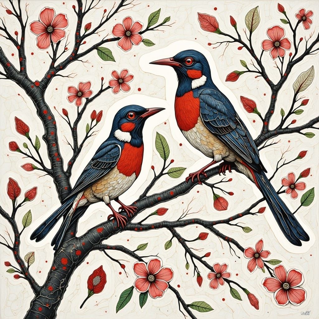 Watercolour Birds in Cherry Blossom Paradise