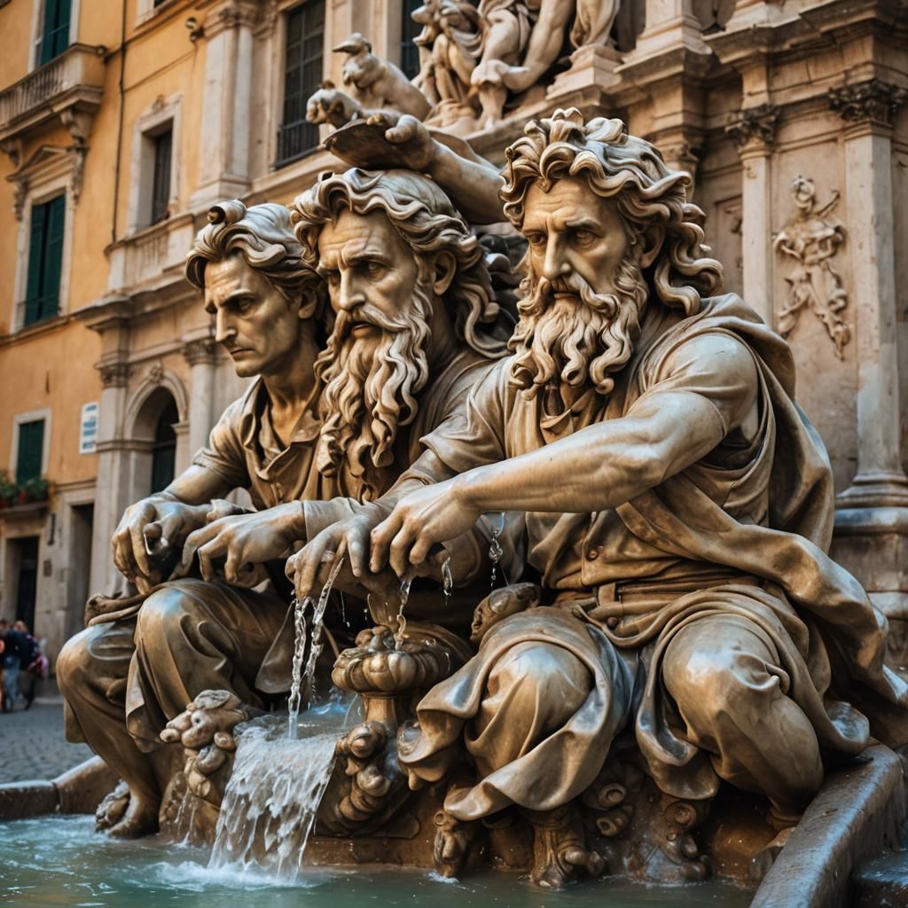 Surreal Cityscape with Four Streams Fountain in Piazza Navon...