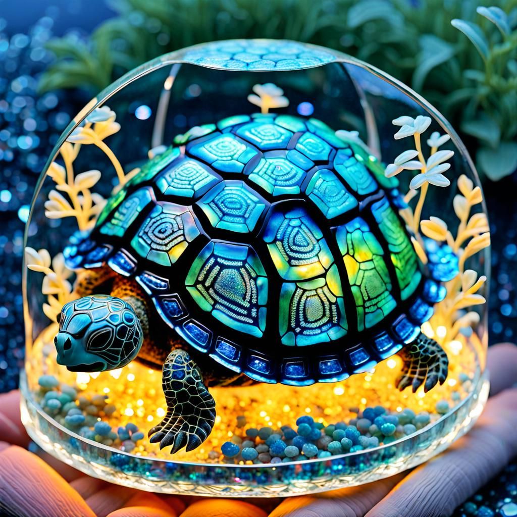 Bioluminescent Turtle Crystal Sculpture: Fantasy Art