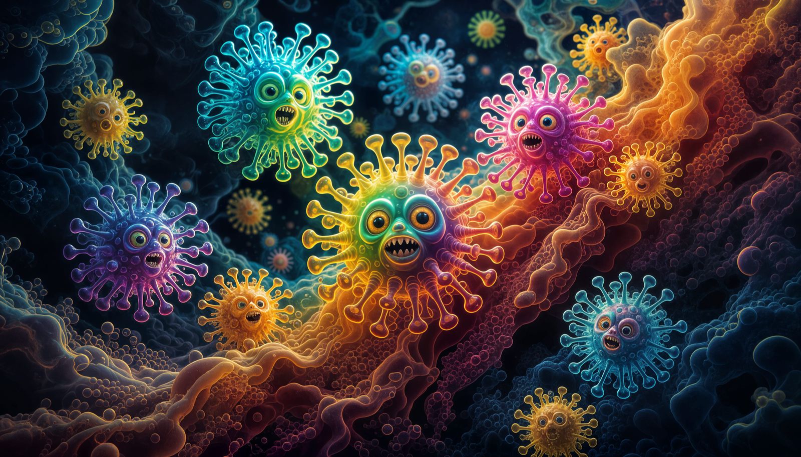 Microscopic Rainbow Viruses With Alien Faces