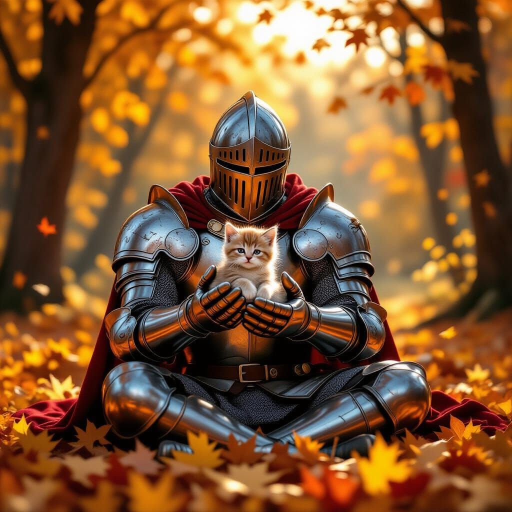 Knight Cradles Kitten Amidst Autumn Leaves